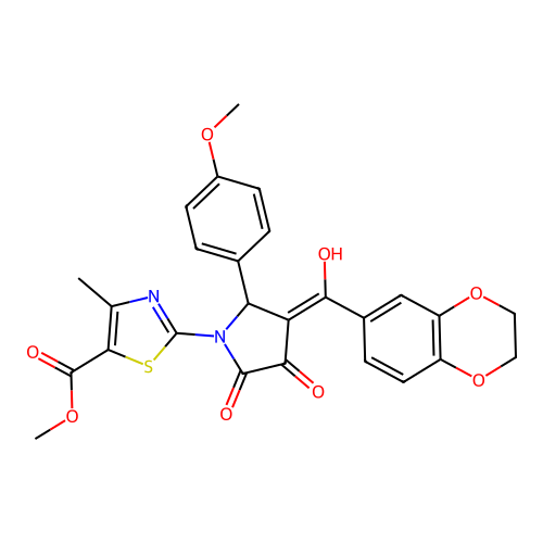 methyl 2-[(3E)-3-[2,3-dihydro-1,4-benzodioxin-6-yl(hydroxy)methylidene]-2-(4-methoxyphenyl)-4,5-dioxopyrrolidin-1-yl]-4-methyl-1,3-thiazole-5-carboxylate structure