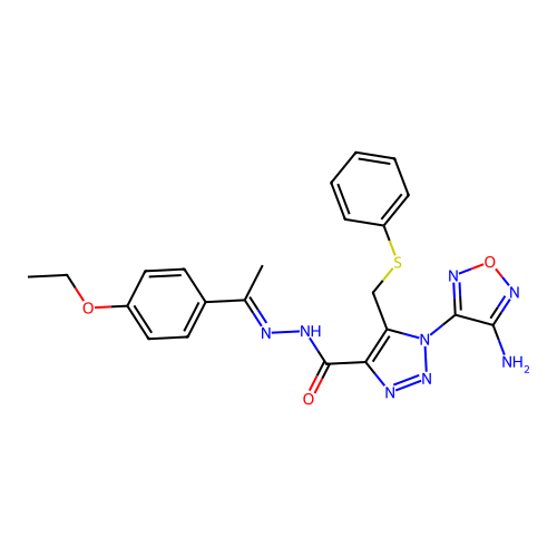 (E)-1-(4-amino-1,2,5-oxadiazol-3-yl)-N'-(1-(4-ethoxyphenyl)ethylidene)-5-((phenylthio)methyl)-1H-1,2,3-triazole-4-carbohydrazide structure