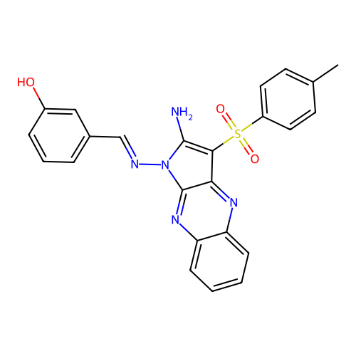 (E)-3-(((2-amino-3-tosyl-1H-pyrrolo[2,3-b]quinoxalin-1-yl)imino)methyl)phenol structure