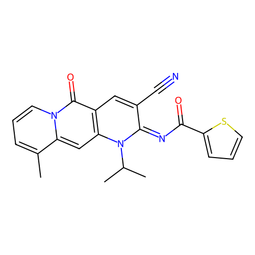 (E)-N-(3-cyano-1-isopropyl-10-methyl-5-oxo-1H-pyrido[1,2-g][1,6]naphthyridin-2(5H)-ylidene)thiophene-2-carboxamide structure