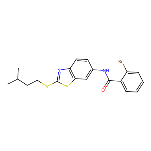 2-bromo-N-{2-[(3-methylbutyl)sulfanyl]-1,3-benzothiazol-6-yl}benzamide structure