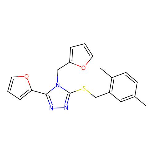 3-((2,5-dimethylbenzyl)thio)-5-(furan-2-yl)-4-(furan-2-ylmethyl)-4H-1,2,4-triazole structure