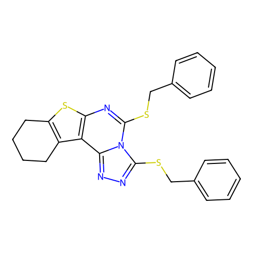 3,5-bis(benzylsulfanyl)-8,9,10,11-tetrahydro[1]benzothieno[3,2-e][1,2,4]triazolo[4,3-c]pyrimidine structure