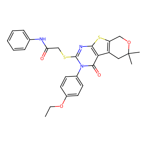 2-((3-(4-ethoxyphenyl)-6,6-dimethyl-4-oxo-4,5,6,8-tetrahydro-3H-pyrano[4',3':4,5]thieno[2,3-d]pyrimidin-2-yl)thio)-N-phenylacetamide structure