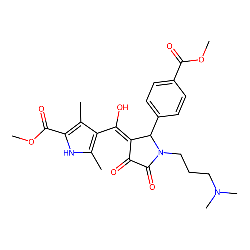 methyl 4-({1-[3-(dimethylamino)propyl]-4-hydroxy-2-[4-(methoxycarbonyl)phenyl] -5-oxo(3-pyrrolin-3-yl)}carbonyl)-3,5-dimethylpyrrole-2-carboxylate structure