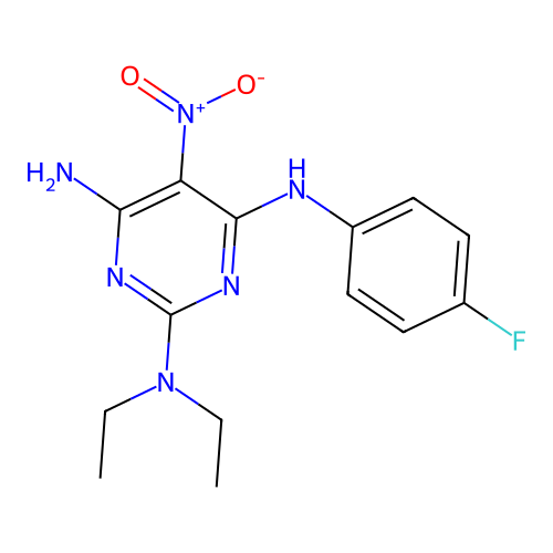 N~2~,N~2~-diethyl-N~4~-(4-fluorophenyl)-5-nitropyrimidine-2,4,6-triamine structure