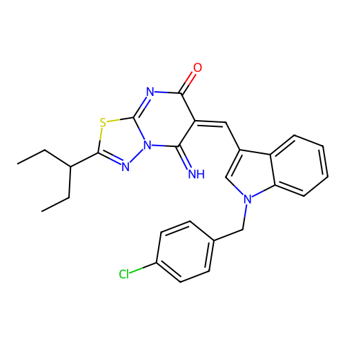 (6E)-6-[[1-[(4-chlorophenyl)methyl]indol-3-yl]methylidene]-5-imino-2-pentan-3-yl-[1,3,4]thiadiazolo[3,2-a]pyrimidin-7-one structure