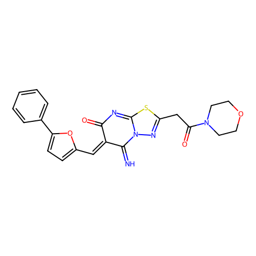 (6Z)-5-imino-2-(2-morpholin-4-yl-2-oxoethyl)-6-[(5-phenylfuran-2-yl)methylidene]-[1,3,4]thiadiazolo[3,2-a]pyrimidin-7-one structure