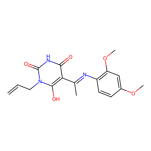 (Z)-1-allyl-5-(1-((2,4-dimethoxyphenyl)amino)ethylidene)pyrimidine-2,4,6(1H,3H,5H)-trione structure