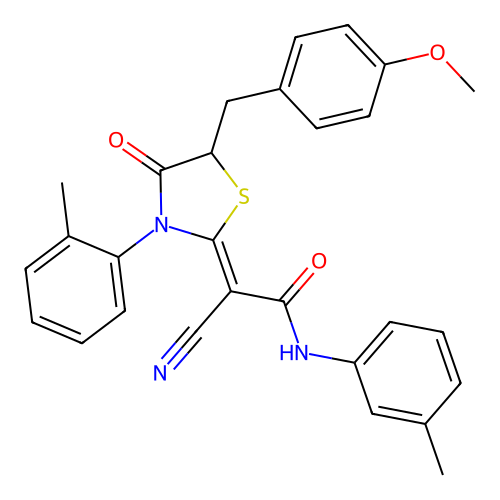 (2Z)-2-cyano-2-[5-(4-methoxybenzyl)-3-(2-methylphenyl)-4-oxo-1,3-thiazolidin-2-ylidene]-N-(3-methylphenyl)ethanamide structure