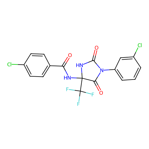 4-chloro-N-[1-(3-chlorophenyl)-2,5-dioxo-4-(trifluoromethyl)imidazolidin-4-yl]benzamide structure