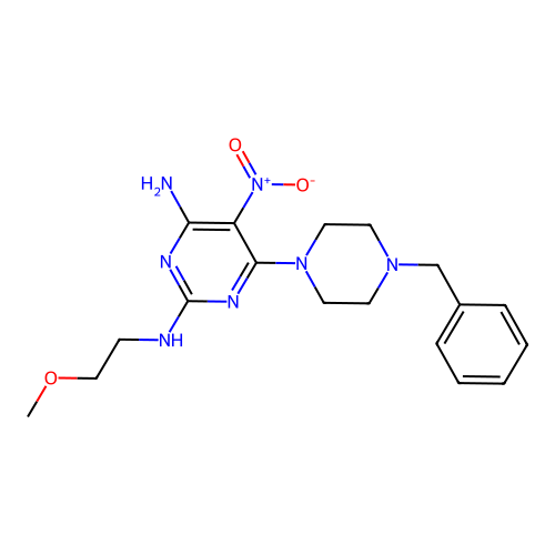 {4-Amino-5-nitro-6-[4-benzylpiperazinyl]pyrimidin-2-yl}(2-methoxyethyl)amine structure