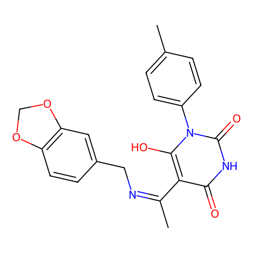 (5E)-5-{1-[(1,3-benzodioxol-5-ylmethyl)amino]ethylidene}-6-hydroxy-3-(4-methylphenyl)pyrimidine-2,4(3H,5H)-dione structure