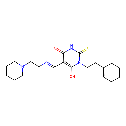 (5E)-1-[2-(cyclohexen-1-yl)ethyl]-5-[(2-piperidin-1-ylethylamino)methylidene]-2-sulfanylidene-1,3-diazinane-4,6-dione structure