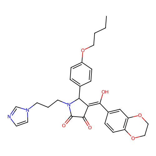 (4E)-5-(4-butoxyphenyl)-4-[2,3-dihydro-1,4-benzodioxin-6-yl(hydroxy)methylidene]-1-(3-imidazol-1-ylpropyl)pyrrolidine-2,3-dione structure
