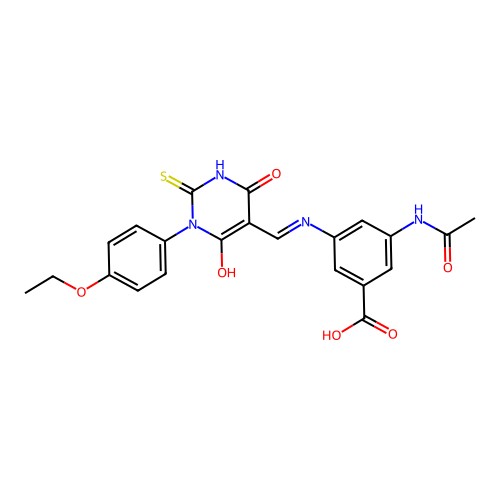 (Z)-3-acetamido-5-(((1-(4-ethoxyphenyl)-4,6-dioxo-2-thioxotetrahydropyrimidin-5(2H)-ylidene)methyl)amino)benzoic acid structure