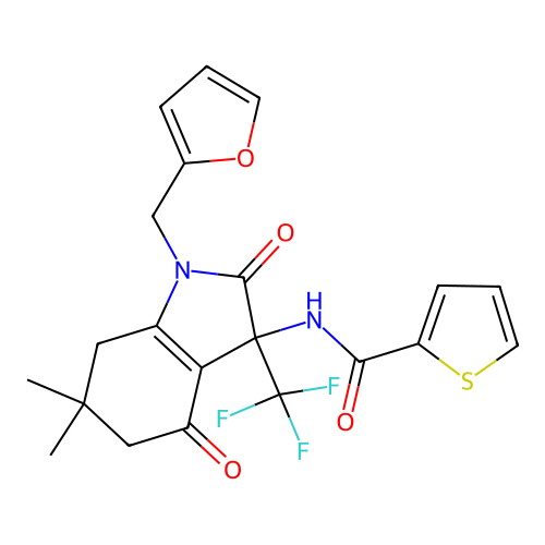 N-(1-(furan-2-ylmethyl)-6,6-dimethyl-2,4-dioxo-3-(trifluoromethyl)-2,3,4,5,6,7-hexahydro-1H-indol-3-yl)thiophene-2-carboxamide structure
