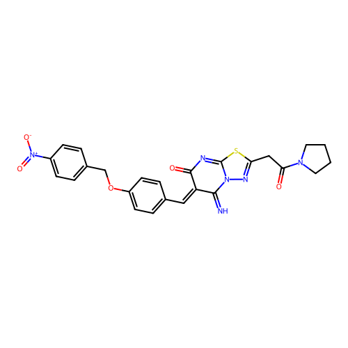 (6Z)-5-imino-6-[[4-[(4-nitrophenyl)methoxy]phenyl]methylidene]-2-(2-oxo-2-pyrrolidin-1-ylethyl)-[1,3,4]thiadiazolo[3,2-a]pyrimidin-7-one structure