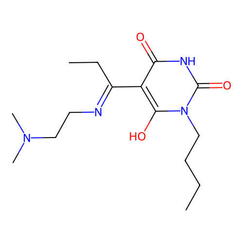 1-butyl-5-[1-(2-dimethylaminoethylamino)propylidene]-1,3-diazinane-2,4,6-trione structure