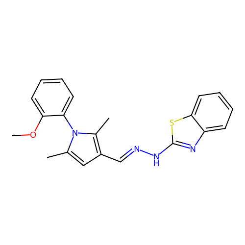 N-[[1-(2-methoxyphenyl)-2,5-dimethyl-pyrrol-3-yl]methylideneamino]benzothiazol-2-amine structure