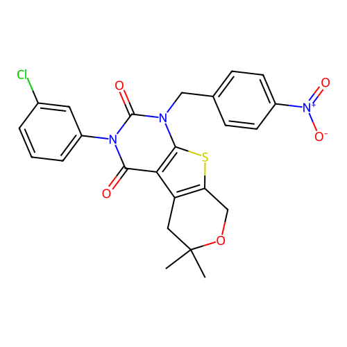 3-(3-chlorophenyl)-6,6-dimethyl-1-(4-nitrobenzyl)-1,5,6,8-tetrahydro-2H-pyrano[4',3':4,5]thieno[2,3-d]pyrimidine-2,4(3H)-dione structure