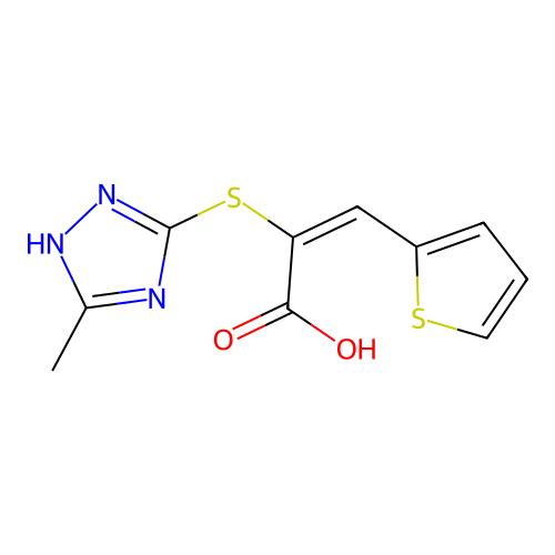 (2E)-2-[(3-methyl-1H-1,2,4-triazol-4-ium-5-yl)sulfanyl]-3-(thiophen-2-yl)prop-2-enoate structure