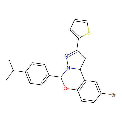 9-bromo-5-(4-isopropylphenyl)-2-(thiophen-2-yl)-5,10b-dihydro-1H-benzo[e]pyrazolo[1,5-c][1,3]oxazine structure