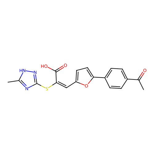 (E)-3-[5-(4-Acetyl-phenyl)-furan-2-yl]-2-(5-methyl-4H-[1,2,4]triazol-3-ylsulfanyl)-acrylic acid structure