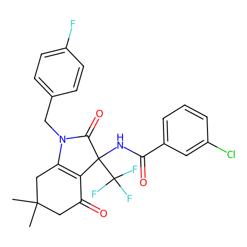 3-chloro-N-[1-(4-fluorobenzyl)-6,6-dimethyl-2,4-dioxo-3-(trifluoromethyl)-2,3,4,5,6,7-hexahydro-1H-indol-3-yl]benzamide structure