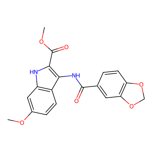 methyl 3-(1,3-benzodioxole-5-carbonylamino)-6-methoxy-1H-indole-2-carboxylate structure
