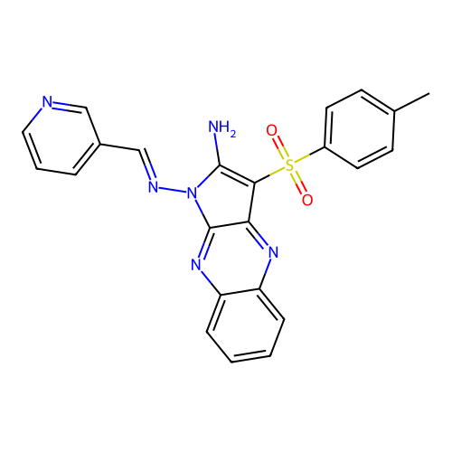 (E)-N1-(pyridin-3-ylmethylene)-3-tosyl-1H-pyrrolo[2,3-b]quinoxaline-1,2-diamine structure