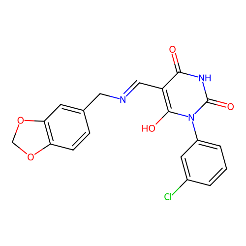 (5Z)-5-[(1,3-benzodioxol-5-ylmethylamino)methylidene]-1-(3-chlorophenyl)-1,3-diazinane-2,4,6-trione structure