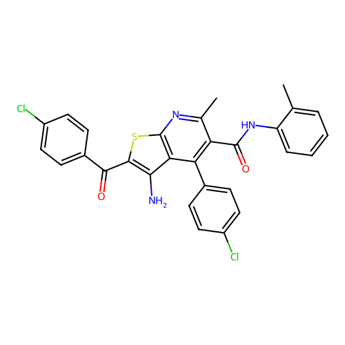 3-amino-2-(4-chlorobenzoyl)-4-(4-chlorophenyl)-6-methyl-N-(2-methylphenyl)thieno[2,3-b]pyridine-5-carboxamide structure