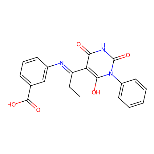 (E)-3-((1-(2,4,6-trioxo-1-phenyltetrahydropyrimidin-5(2H)-ylidene)propyl)amino)benzoic acid structure