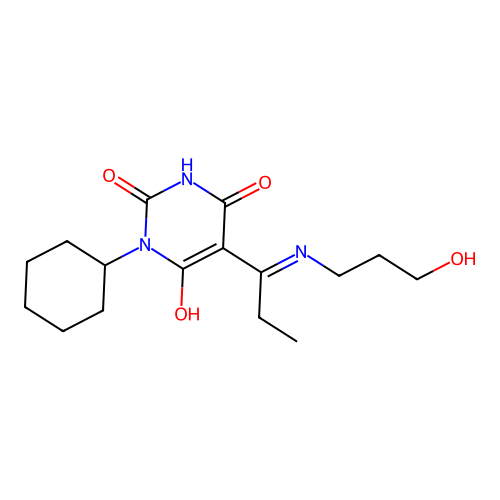 (E)-1-cyclohexyl-5-(1-((3-hydroxypropyl)amino)propylidene)pyrimidine-2,4,6(1H,3H,5H)-trione structure