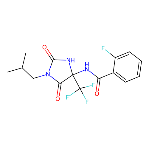 2-fluoro-N-[1-(2-methylpropyl)-2,5-dioxo-4-(trifluoromethyl)imidazolidin-4-yl]benzamide structure