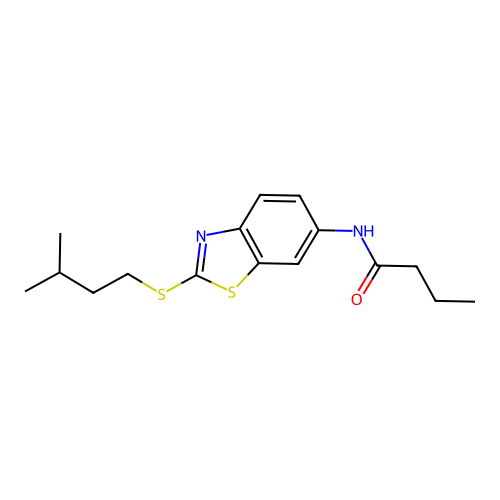 N-{2-[(3-methylbutyl)sulfanyl]-1,3-benzothiazol-6-yl}butanamide structure