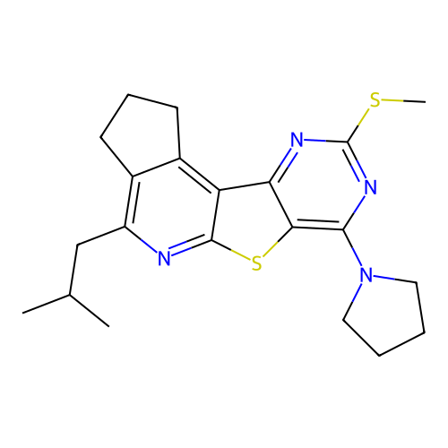 4-(2-methylpropyl)-9-(methylsulfanyl)-7-(pyrrolidin-1-yl)-2,3-dihydro-1H-cyclopenta[4',5']pyrido[3',2':4,5]thieno[3,2-d]pyrimidine structure