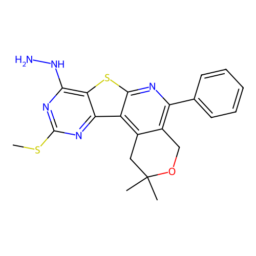 8-hydrazinyl-2,2-dimethyl-10-(methylsulfanyl)-5-phenyl-1,4-dihydro-2H-pyrano[4'',3'':4',5']pyrido[3',2':4,5]thieno[3,2-d]pyrimidine structure