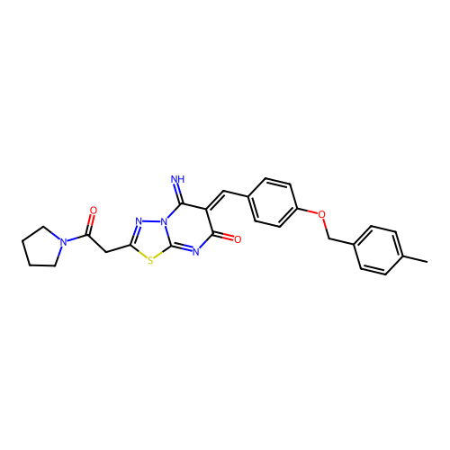 (6Z)-5-imino-6-[[4-[(4-methylphenyl)methoxy]phenyl]methylidene]-2-(2-oxo-2-pyrrolidin-1-ylethyl)-[1,3,4]thiadiazolo[3,2-a]pyrimidin-7-one structure