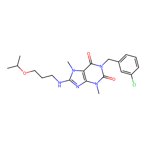 1-[(3-chlorophenyl)methyl]-3,7-dimethyl-8-(3-propan-2-yloxypropylamino)purine-2,6-dione structure