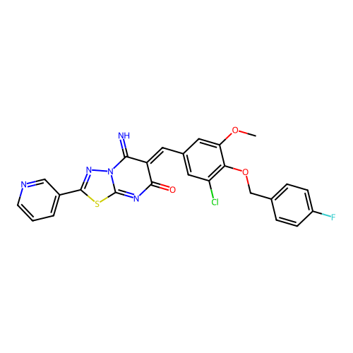(6Z)-6-[[3-chloro-4-[(4-fluorophenyl)methoxy]-5-methoxyphenyl]methylidene]-5-imino-2-pyridin-3-yl-[1,3,4]thiadiazolo[3,2-a]pyrimidin-7-one structure