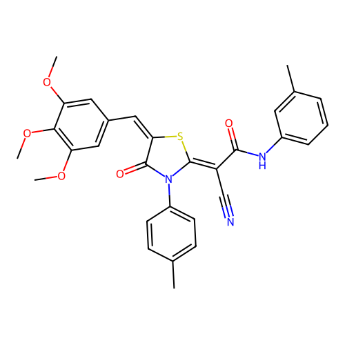 (Z)-2-cyano-2-((E)-4-oxo-3-(p-tolyl)-5-(3,4,5-trimethoxybenzylidene)thiazolidin-2-ylidene)-N-(m-tolyl)acetamide structure