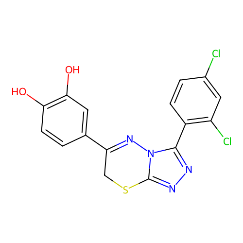 4-[3-(2,4-dichlorophenyl)-7H-[1,2,4]triazolo[3,4-b][1,3,4]thiadiazin-6-yl]benzene-1,2-diol structure