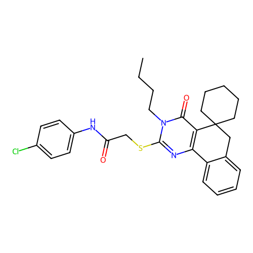 2-((3-butyl-4-oxo-4,6-dihydro-3H-spiro[benzo[h]quinazoline-5,1'-cyclohexan]-2-yl)thio)-N-(4-chlorophenyl)acetamide structure