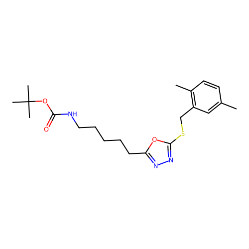 tert-butyl (5-(5-((2,5-dimethylbenzyl)thio)-1,3,4-oxadiazol-2-yl)pentyl)carbamate structure