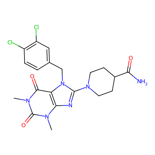 1-(7-(3,4-dichlorobenzyl)-1,3-dimethyl-2,6-dioxo-2,3,6,7-tetrahydro-1H-purin-8-yl)piperidine-4-carboxamide structure