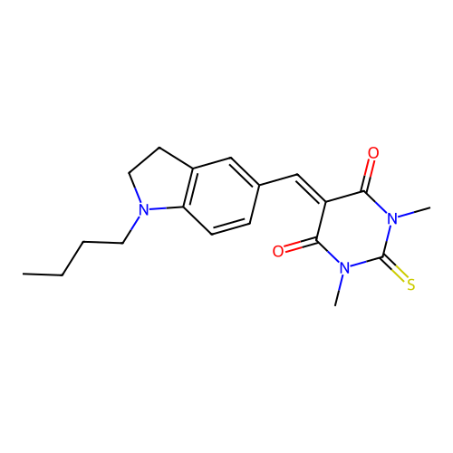 5-((1-butylindolin-5-yl)methylene)-1,3-dimethyl-2-thioxodihydropyrimidine-4,6(1H,5H)-dione structure