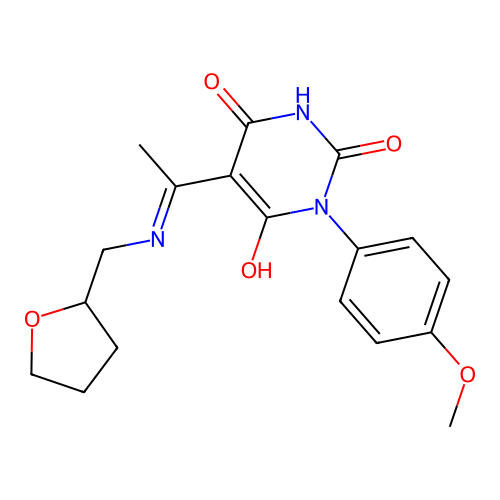1-(4-methoxyphenyl)-5-[1-(oxolan-2-ylmethylamino)ethylidene]-1,3-diazinane-2,4,6-trione structure