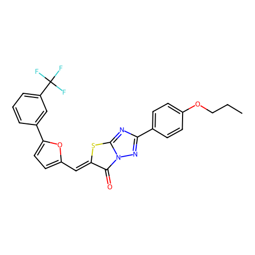 (Z)-2-(4-propoxyphenyl)-5-((5-(3-(trifluoromethyl)phenyl)furan-2-yl)methylene)thiazolo[3,2-b][1,2,4]triazol-6(5H)-one structure